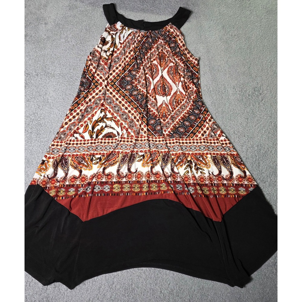 En Focus Women 16W Dress Black Orange Paisley Handkerchief Hem Halter Boho